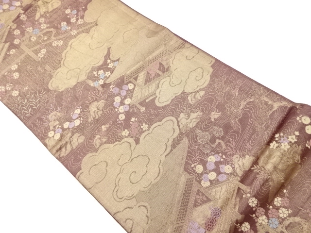 JAPANESE KIMONO / VINTAGE FUKURO OBI / WOVEN TEMPLE & FLORAL PLANTS